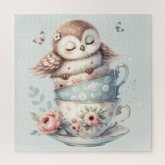 Sleeping Owl in Stacked Floral Teacups Puzzle (Vertikal)