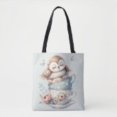 Sleeping Owl in Stacked Floral Teacups Tasche (Vorderseite)