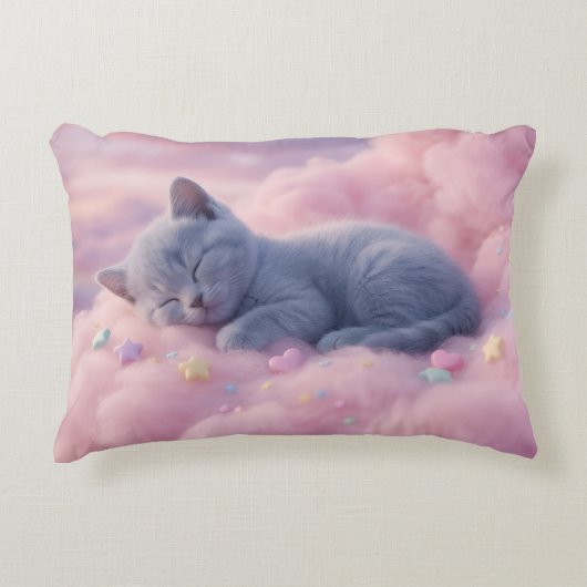 Sleeping Pastel Kitten on Fluffy Pink Clouds Art Dekokissen (Vorderseite)