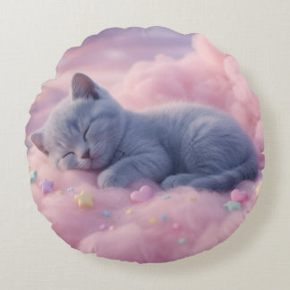Sleeping Pastel Kitten on Fluffy Pink Clouds Art Rundes Kissen