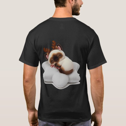 Sleeping Reindeer Cat with Candy Cane on Star Pill T-Shirt (Rückseite)