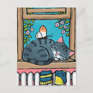 Sleeping Tabby Cat and Butterfly Illustration Postkarte