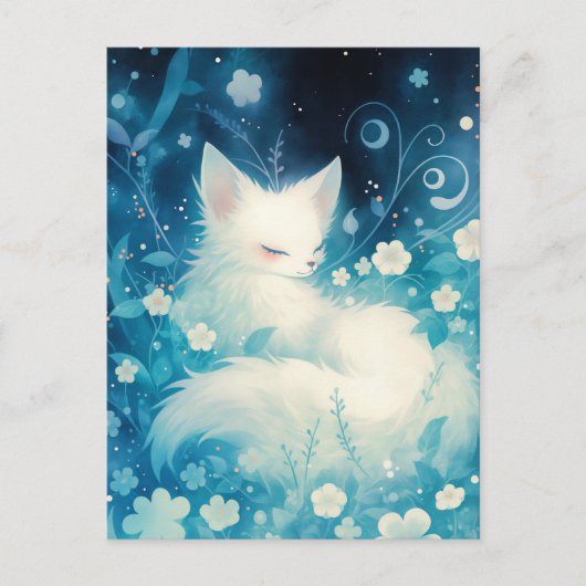 Sleeping White Fox in Blue Midnight Garden Postkarte (Vorderseite)