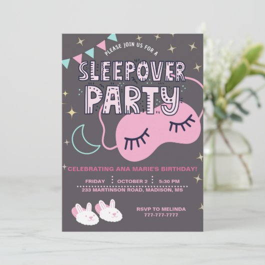 SLEEPOVER BIRTHDAY PARTY EINLADUNG (Stehend Vorderseite)