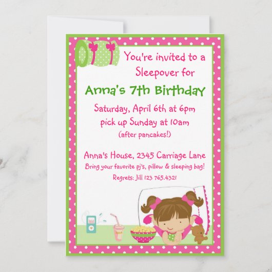 Sleepover Brunett Einladung (Vorderseite)
