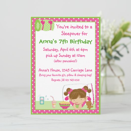 Sleepover Brunett Einladung (Stehend Vorderseite)
