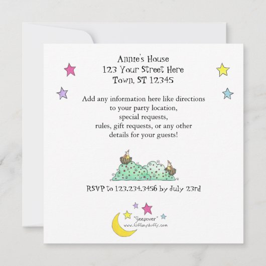 Sleepover, Einladung zur Geburtstagsfeier (Rückseite)