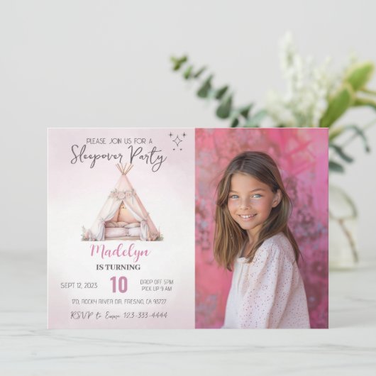 Sleepover Foto Boho Teepee Slumber Party Geburtsta Einladung (Stehend Vorderseite)