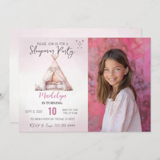Sleepover Foto Boho Teepee Slumber Party Geburtsta Einladung (Vorne/Hinten)