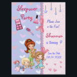 Sleepover Friends Slumber Geburtstagsparty Einladung<br><div class="desc">Hübsche Herzmuster auf hellblau/lavender. Es gibt süße mädchenhafte Touchs mit bedruckten rosa Bögen und Spitzen. Drei kleine Mädchen tragen Schlafanzüge und sind zum Party bereit. Passen Sie den Text auf der Vorder- und Rückseite dieser bezaubernden Elf-Geburtstagsfeier an. Name,  Geburtsjahr und alle Informationen können von Ihnen geändert werden.</div>