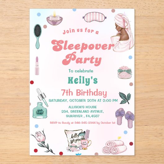 Sleepover Geburtstag Pamper Party Geburtstag Acryleinladungen (Vorderseite)
