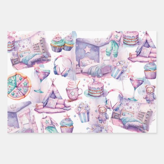 Sleepover Geburtstag Pastell farbig Geschenkpapier Set (Vorderseite)