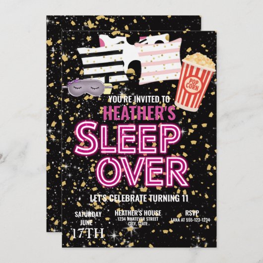 Sleepover Geburtstagspartei Custom Einladung (Vorne/Hinten)