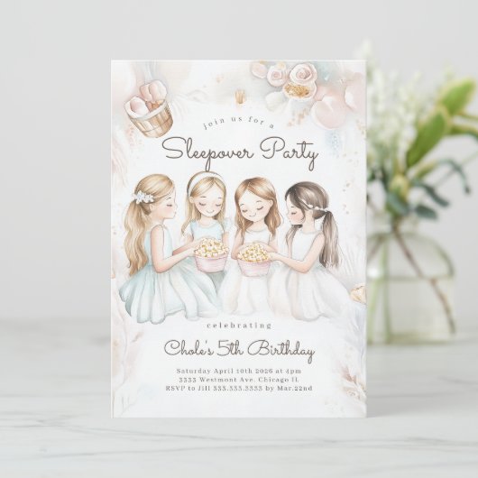 Sleepover Geburtstagsparty Filmabend Mädchen Gebur Einladung (Stehend Vorderseite)