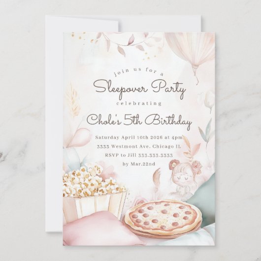 Sleepover Geburtstagsparty Filmabend Mädchen Gebur Einladung (Vorderseite)
