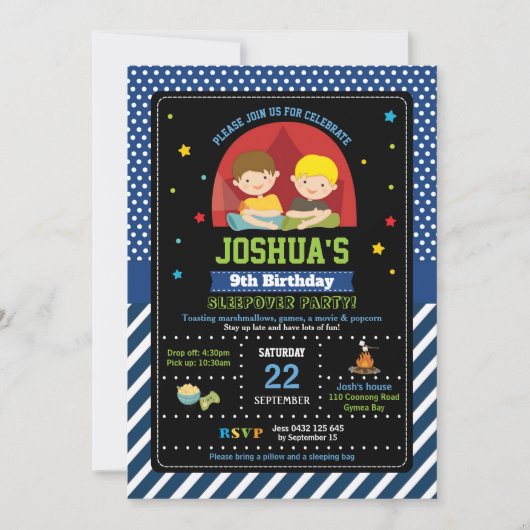 Sleepover Party Birthday Invitations Boys Camping Einladung (Vorderseite)