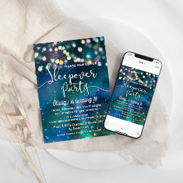 Sleepover Party Galaxy String Lights Blue Geburtst Einladung
