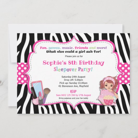 Sleepover Slumber Party Birthday Girls Zebra Print Einladung (Vorderseite)