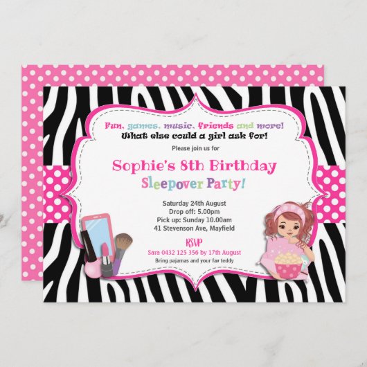 Sleepover Slumber Party Birthday Girls Zebra Print Einladung (Vorne/Hinten)