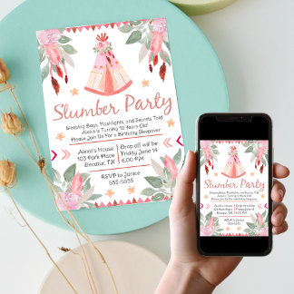 Sleepover Slumber Party Girl Pink Teepee Geburtsta Einladung