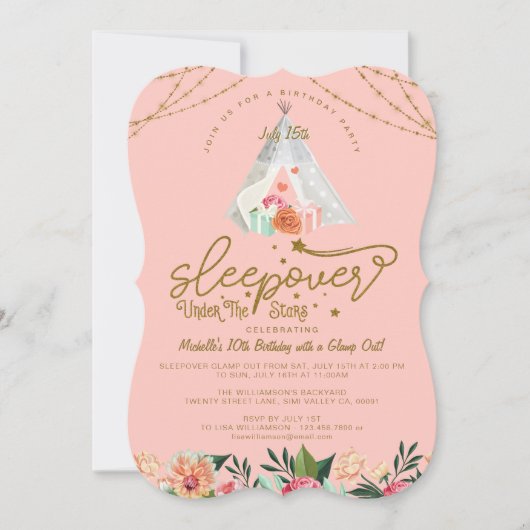 Sleepover Under the Stars Tepee Pink Gold Geburtst Einladung (Vorderseite)