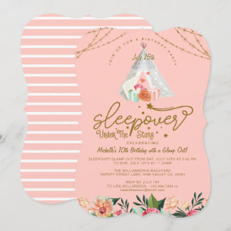 Sleepover Under the Stars Tepee Pink Gold Geburtst Einladung