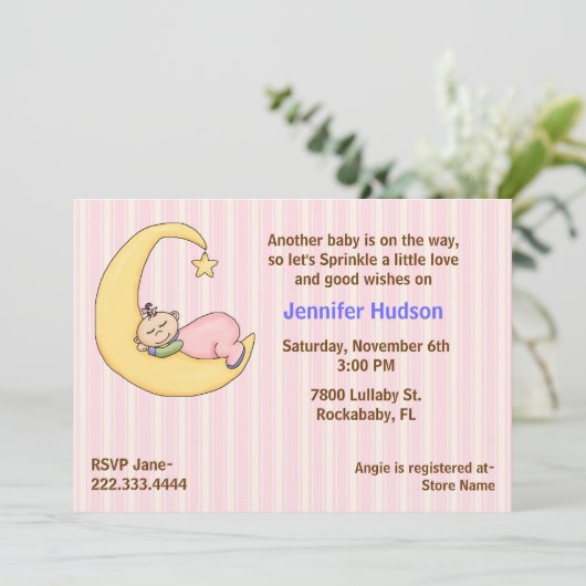 Sleepy Baby Girl Sprinkle Dusche Einladung (Stehend Vorderseite)