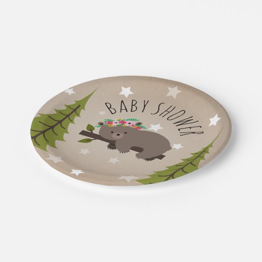 Sleepy Bären Stars + Bäume Blumendusche Pappteller (Schrägansicht)