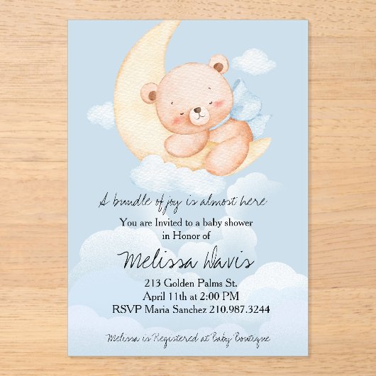 Sleepy Bear Baby Shower Invitation  Acryleinladungen (Vorderseite)