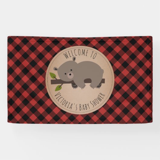 Sleepy Bear Buffalo Kariert Babydusche Empfang Banner (Horizontal)