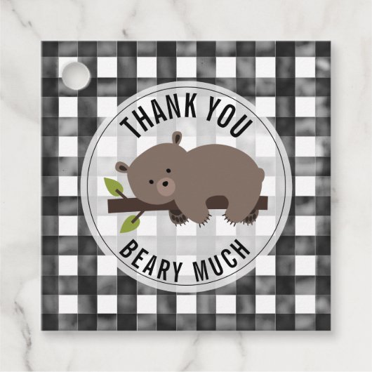 Sleepy Bear Cub Gingham Baby Dusche Geschenkanhänger (Vorderseite)