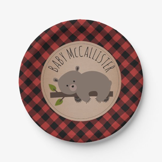 Sleepy Bear Cub Lumberjack Karierte Babydusche Pappteller (Vorderseite)