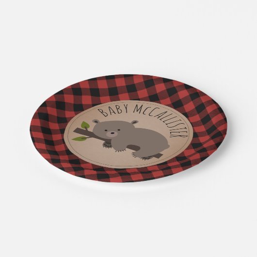 Sleepy Bear Cub Lumberjack Karierte Babydusche Pappteller (Schrägansicht)