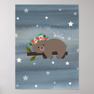 Sleepy Bear Cube Aquarell Floral Baby Kinderzimmer Poster