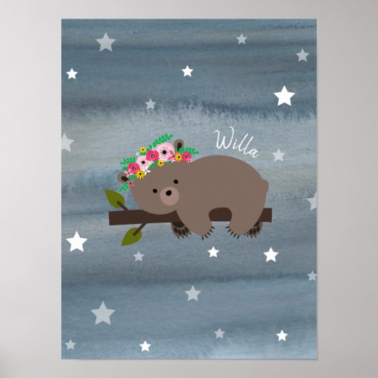 Sleepy Bear Cube Aquarell Floral Baby Kinderzimmer Poster (Vorne)