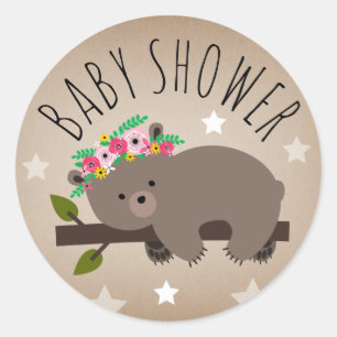 Sleepy Bear Stars Girl Babyduschenaufkleber Runder Aufkleber