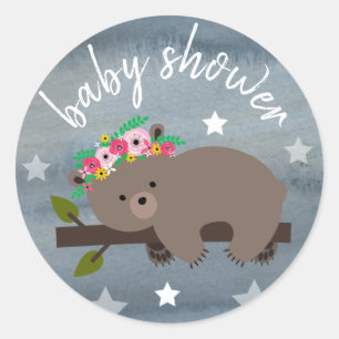 Sleepy Bear Stars Wasserfarbe Girl Babydusche Runder Aufkleber