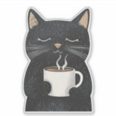 Sleepy Black Cat mit einem Cup Coffee Boho Aufkleber (Vorderseite)