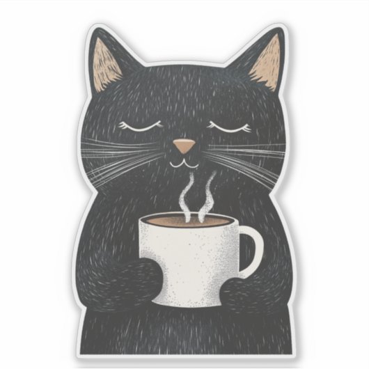 Sleepy Black Cat mit einem Cup Coffee Boho Aufkleber (Vorderseite)