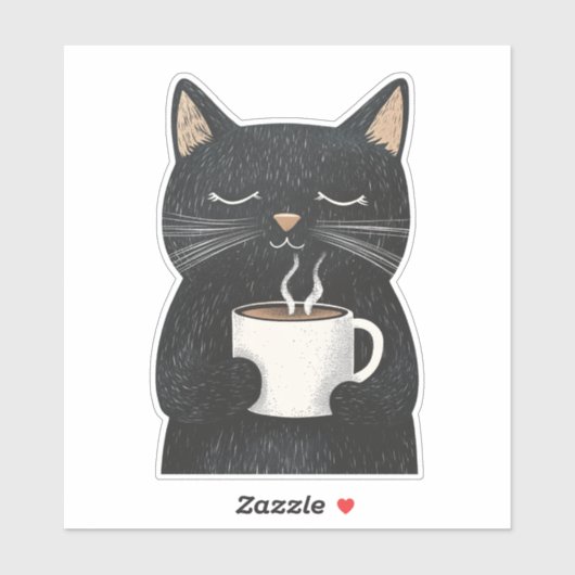 Sleepy Black Cat mit einem Cup Coffee Boho Aufkleber (Blatt)