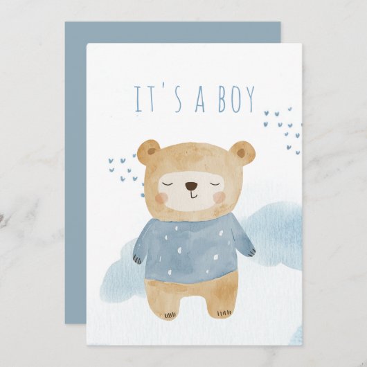 Sleepy Blue Watercolor niedlich Babydusche Einladung (Vorne/Hinten)