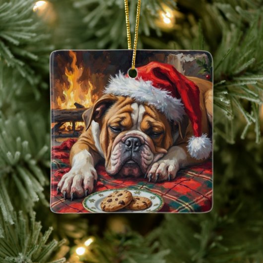 Sleepy Bulldog Dog Fast Asleep Santa Hat Christmas Keramikornament (Baum)