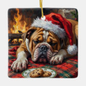 Sleepy Bulldog Dog Fast Asleep Santa Hat Christmas Keramikornament (Vorderseite)