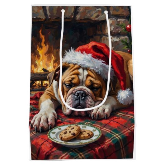 Sleepy Bulldog Dog Fast Asleep Santa Hat Christmas Mittlere Geschenktüte (Rückseite)