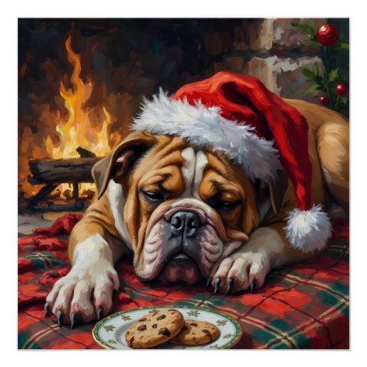 Sleepy Bulldog Dog Fast Asleep Santa Hat Christmas Poster (Vorderseite)