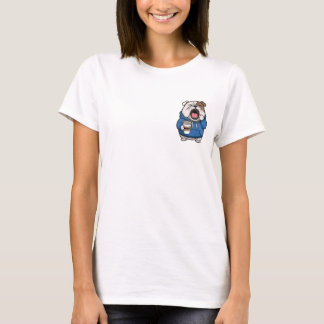 Sleepy Bulldog Yawning with Woof Coffee Cup in Blu T-Shirt
