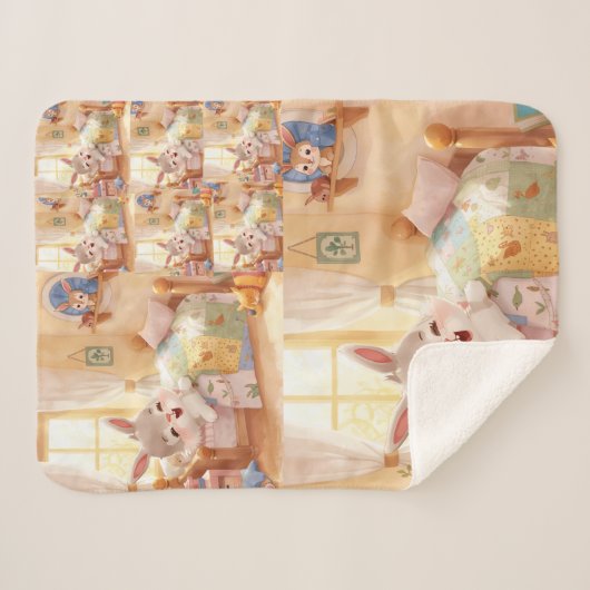 "Sleepy Bunny Kids Blanket – Cozy Repeated Rabbit Sherpadecke (Vorderseite (Horizontal))