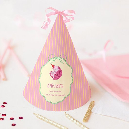 Sleepy Cat 1st Birthday Yellow Stripes Partyhütchen