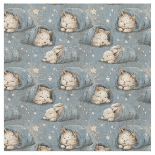 Sleepy Cats Under Starry Sky Cozy Blue Pattern Stoff (Nahaufnahme)