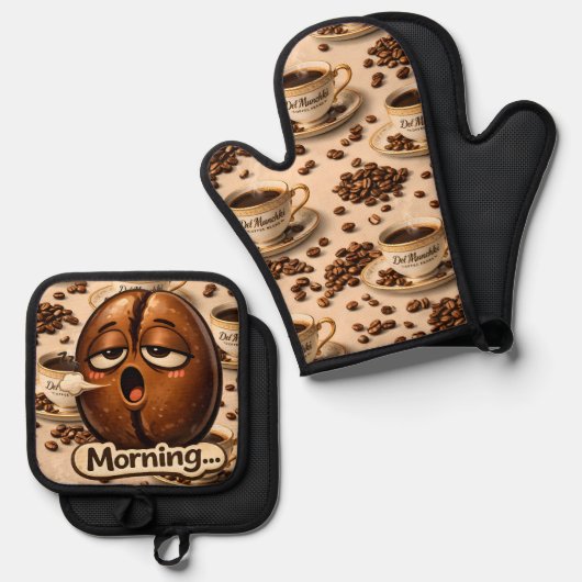 Sleepy coffee bean oven, mint and potholder set de (Vorderseite/Rückseite)